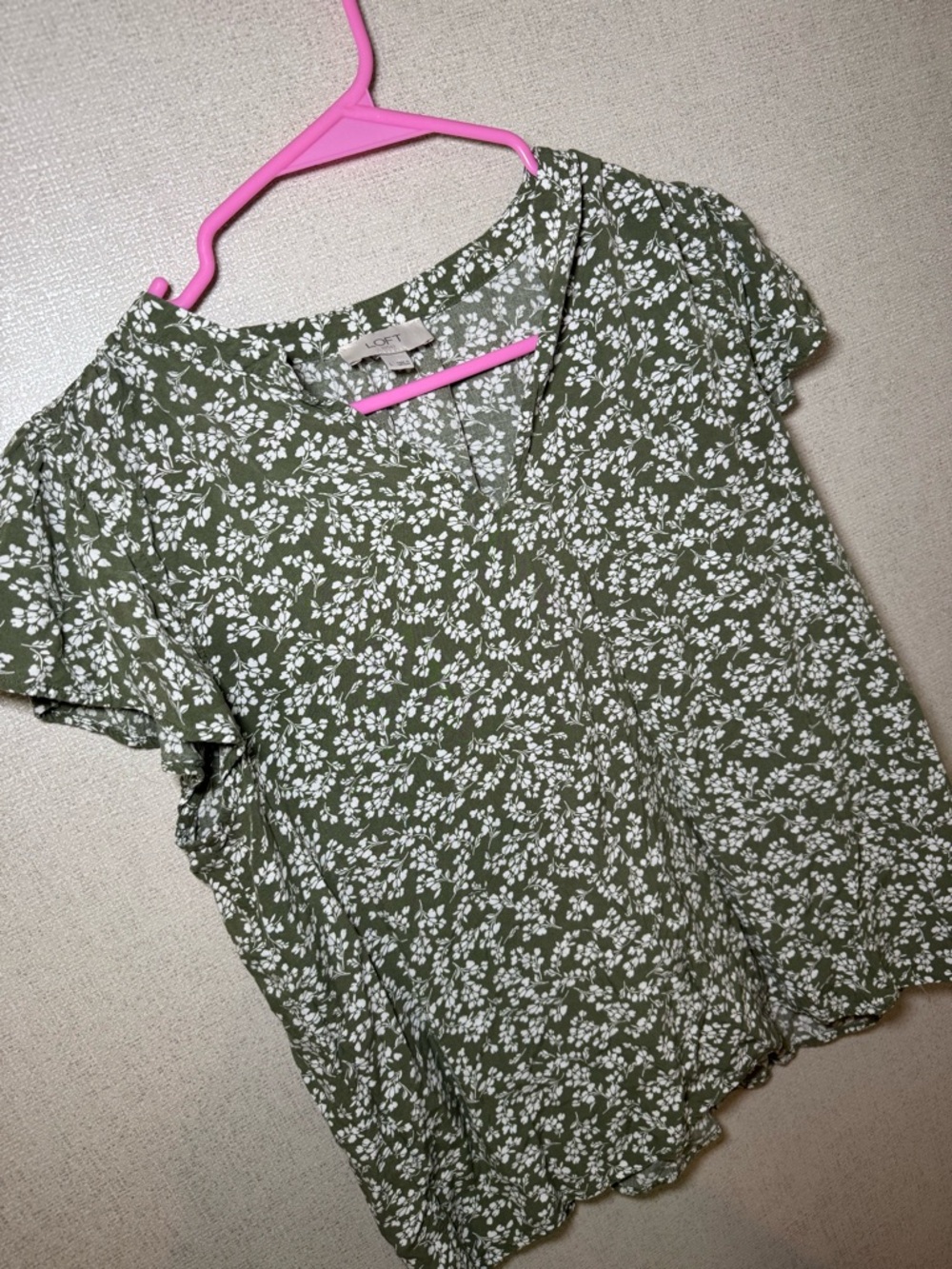 LOFT Olive Green Floral V-Neck Short Sleeve Blouse